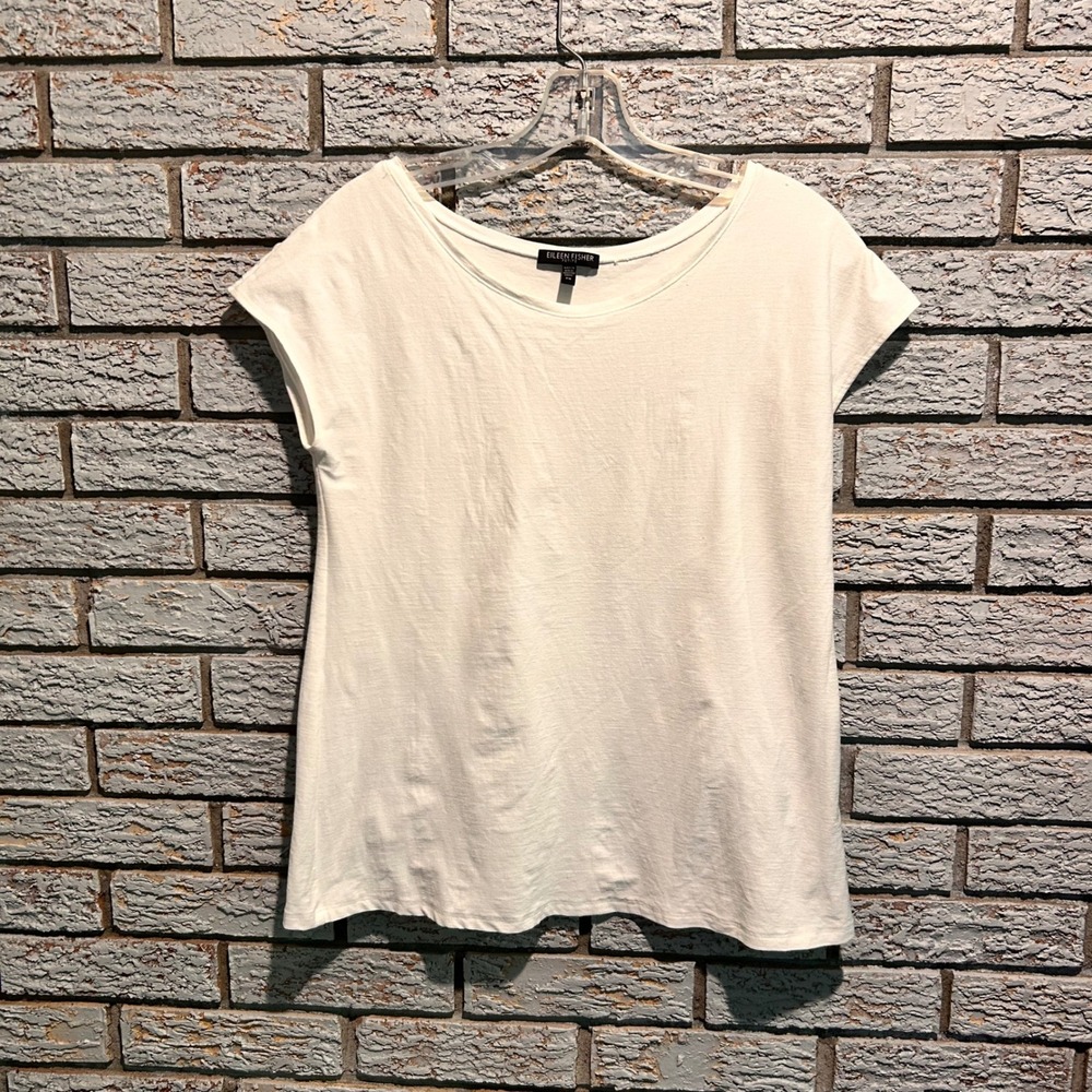 Eileen Fisher Petite PS Off White Cream Scoop Neck Cap Sleeve Top Viscose‎ Blend